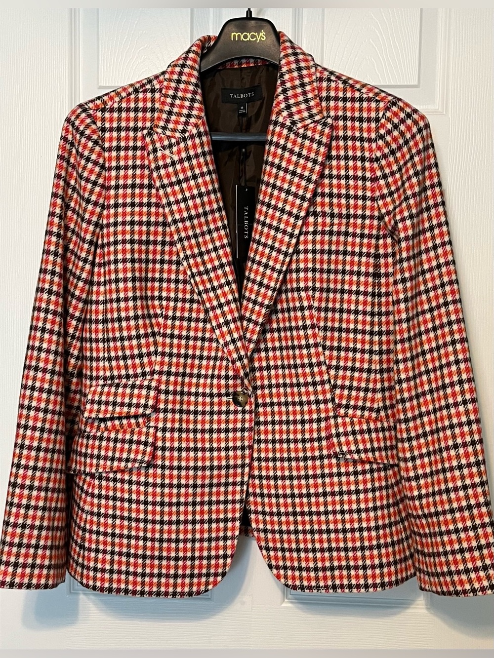 Talbots, Women's Wool Blend cream with orange brown pink Plaid Blazer, size 16